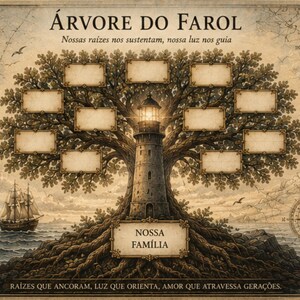 Op de afbeelding: Een stamboomkaart in vintage-stijl getiteld ÁRVORE DO FAROL met een centrale vuurtoren, een grote boom met lege rechthoekige kaders voor namen, een zeilschip, kompasrozen en Portugese tekst waaronder NOSSA FAMÍLIA.