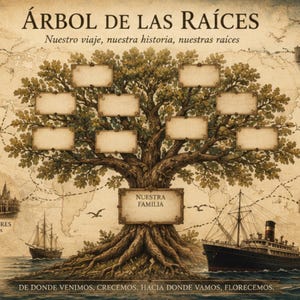 Op de afbeelding: Een stamboom in vintage-stijl met de titel ÁRBOL DE LAS RAÍCES, met een grote centrale eikenboom met lege rechthoekige kaders voor namen, omringd door illustraties van schepen en kuststeden zoals Genua, Barcelona en Montevideo.