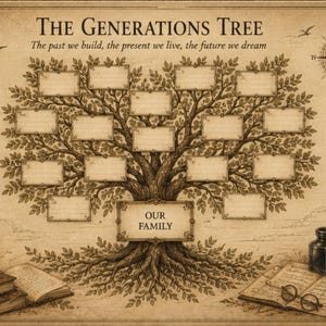 Può includere: Un grafico dell'albero genealogico color seppia intitolato The Generations Tree con il testo The past we build, the present we live, the future we dream. Presenta un grande albero con cornici rettangolari vuote, un mappamondo, libri e una penna.