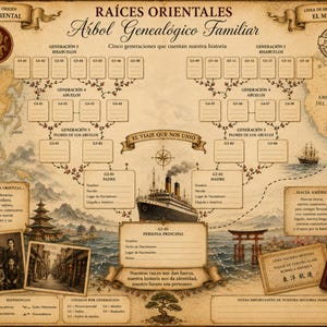 Op de afbeelding: Een stamboomdiagram over vijf generaties getiteld Raíces Orientales, met een wereldkaart als achtergrond, een centrale illustratie van een stoomschip, lege velden voor vooroudernamen en decoratieve elementen zoals een paspoort en foto's.