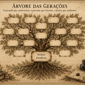 Op de afbeelding: Een sepia-kleurige stamboomkaart getiteld ÁRVORE DAS GERAÇÕES met een centrale boomillustratie met lege rechthoekige kaders voor namen. Bevat een wereldbol, boeken, inktpot, ganzenveer en een bril, met tekst over generaties en familiegeschiedenis.