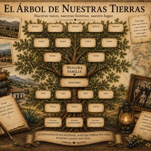 Op de afbeelding: Een stamboomdiagram in vintage-stijl met de titel EL ÁRBOL DE NUESTRAS TIERRAS, met een centrale boomillustratie met lege rechthoekige kaders voor namen, omringd door landschapsafbeeldingen, een open boek, een kompas en een lantaarn.