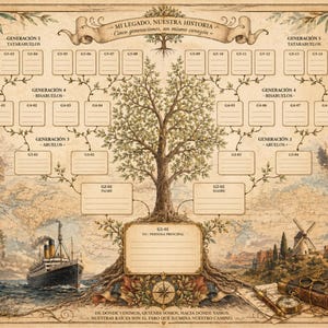 Può includere: Un grafico genealogico in stile vintage con un'illustrazione centrale di un albero e caselle vuote per cinque generazioni di storia familiare. Lo sfondo mostra una mappa con monumenti come il Colosseo, la Torre Eiffel e un piroscafo.