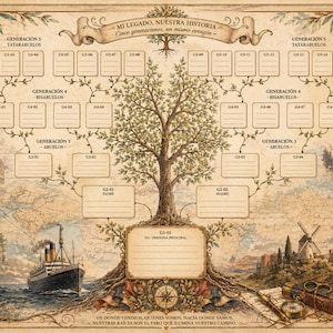 Op de afbeelding: Een stamboomkaart in vintage-stijl met een centrale boom en lege vakjes voor vijf generaties. De achtergrond bevat illustraties van het Colosseum, de Eiffeltoren, de Big Ben, een stoomschip en een kompas, met tekst in het Spaans.