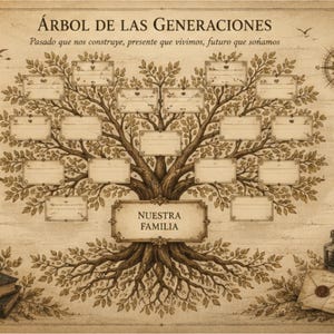 Op de afbeelding: Een stamboomkaart in vintage-stijl getiteld ÁRBOL DE LAS GENERACIONES met een centrale boomillustratie met lege rechthoekige kaders voor namen. Bevat een wereldbol op boeken, een kompas, een inktpot en een ganzenveer op perkamentpapier.