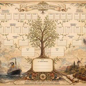 Op de afbeelding: Een stamboomdiagram voor vijf generaties in vintage-stijl met een centrale boomillustratie, lege rechthoekige velden voor namen en achtergrondafbeeldingen van het Colosseum, de Eiffeltoren, de Big Ben, een stoomschip en een windmolen.
