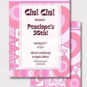 May include: A rectangular invitation card featuring a pink and white geometric pattern with circles and triangles. The text reads: Cin! Cin! lets toast to Penelope's 30th! saturday, june 1st at 7 p.m. villa mare cocktail lounge los angeles, california RSVP to name by 5/15 (555) 555-5555.