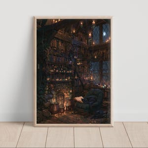 May include: A framed vertical wall art print depicting a dark, cozy library interior with floor-to-ceiling bookshelves, a stone fireplace with a glowing fire, a large window showing a night sky, and a dark armchair with a black cat resting on it.