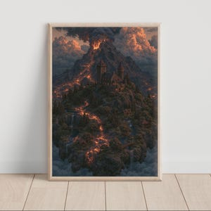 Volcano Island Fantasy Poster, Castle Lava Art, Tiny Island  Collection Wall Art Print