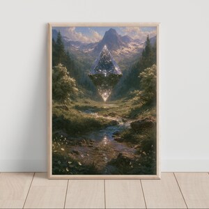 May include: A framed wall art print depicting a landscape with a glowing, multifaceted diamond-shaped object floating above a stream. The scene features green trees, grassy banks, and distant snow-capped mountains under a soft, cloudy sky.