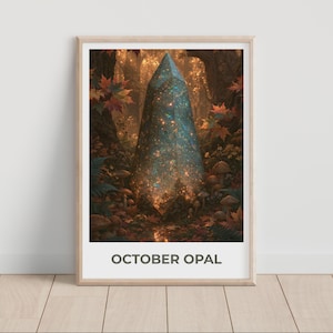 October Opal Birth Stone Border Poster, Autumn Forest Crystal Wall Art