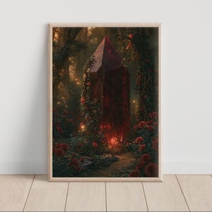 May include: A framed vertical wall art print depicting a large, dark red, faceted crystal monolith standing in a dense forest clearing. The crystal is surrounded by climbing vines and blooming red roses, with small glowing lights scattered throughout.