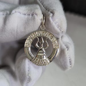 Diamant Trishul Damru Anhänger | 925 Sterling Silber Indischer Schmuck | Runde Form handgemachte Anhänger