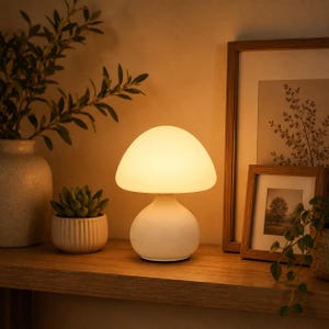 May include: A mushroom-shaped table lamp with a smooth, matte white base and a translucent, glowing white dome shade that emits a warm, soft light. The lamp features a rounded, bulbous body and a wide, curved top, creating a simple, uniform silhouette.