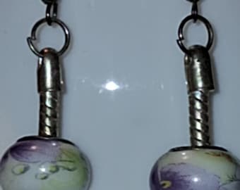 Vintage J Fray Ltd 1933 Art deco pierced earrings Murano floral painted rondelle glass bead drop, Cobra chain core chunky spacers silver pl