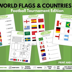 Può includere: Un set di fogli di attività stampabili intitolati WORLD FLAGS & COUNTRIES Football Tournament Edition, che include esercizi di abbinamento bandiere, denominazione di paesi, colorazione e disegno con varie bandiere nazionali e grafiche di palloni.