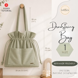 May include: A sage green corduroy drawstring bag with two shoulder straps and a front pocket. The bag measures 35 cm (13 3/4 inches) wide by 35 cm (13 3/4 inches) tall, with a 28 cm (11 inches) strap drop. Text includes LoftSew, Drawstring Bag, 1 Size.