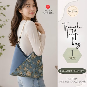 May include: A triangle tulip bag featuring a solid blue panel and a blue floral patterned panel with cream and yellow roses. The bag has a single twisted rope handle attached with a dark ring. Text includes LoftSew, Triangle Tulip bag, 1 SIZE.