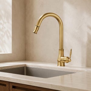 May include: A brushed gold kitchen faucet with a high-arc spout and a single side-mounted lever handle. The faucet features a pull-down sprayer head and is mounted on a light-colored countertop next to a stainless steel sink basin.