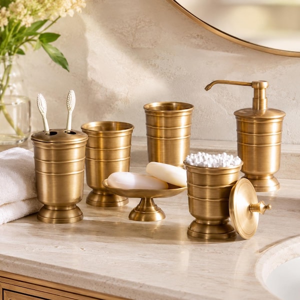 Solid Brass Vintage Bathroom Accessories Set: Dispenser, Tumbler, Dish