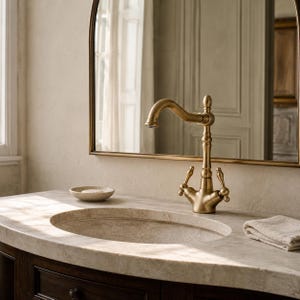 May include: A brushed brass bathroom faucet with a curved spout and two lever handles, mounted on a light beige stone countertop with an integrated oval sink, a small soap dish, and a folded white cloth towel nearby.