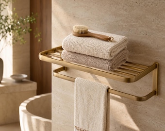 Solid Brass Towel Rack with Shelf Wall Mounted Bathroom Organizer 22 Inch