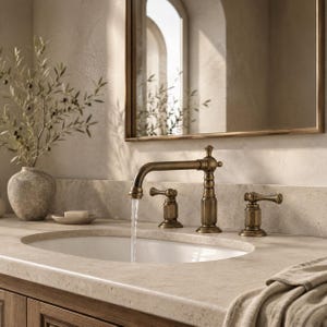 May include: A vintage-style, antique brass bathroom tap with a high-arc spout and two separate lever handles. The tap is mounted on a light-coloured stone countertop with an oval sink basin, with water flowing from the central spout.