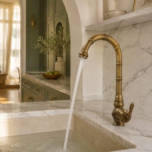 May include: A tall, antique brass kitchen faucet with a curved, bamboo-inspired spout and a single side handle. The faucet is mounted on a white marble countertop and is actively dispensing a steady stream of water into a stone sink basin.