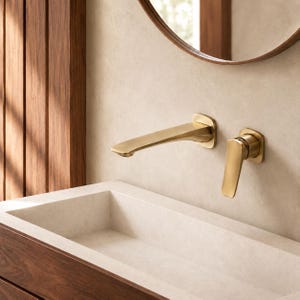 Wall Mounted Bathroom Faucet Brushed Gold Solid Brass Single Handle Modern Basin Tap