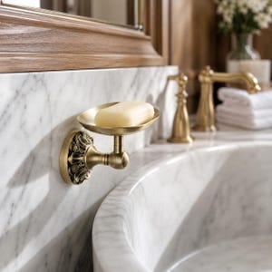 May include: A wall-mounted soap dish in an antique brass finish with an ornate, circular base featuring decorative floral-like carvings. The dish holds a single, smooth, oval-shaped bar of cream-colored soap, positioned above a white marble sink.