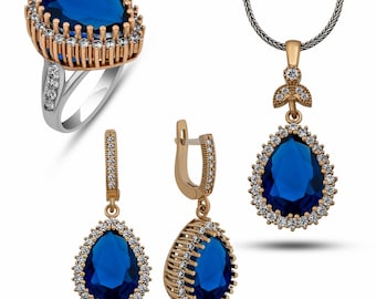 925 Sterling Silver Ottoman Hürrem Jewelry Set Blue Sapphire CZ Necklace Earrings Ring Turkish Jewelry Gift for Women