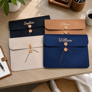 May include: Four rectangular felt document folders in black, tan, beige, and navy blue. Each folder features a flap secured by a string wrapped around two wooden buttons. The names Sophia, Ethan, Olivia, and William are embroidered on the flaps.
