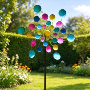 May include: A metal garden wind spinner featuring a central yellow hub with multiple radiating wire arms. Each arm ends in a small, circular, concave disc painted in vibrant shades of blue, pink, yellow, and teal, mounted on a black pole.