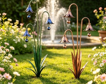 Metall Bluebell Blume Windspiel Gartenstecker, rustikale Yard Art, Outdoor Glocke Rasen Dekor