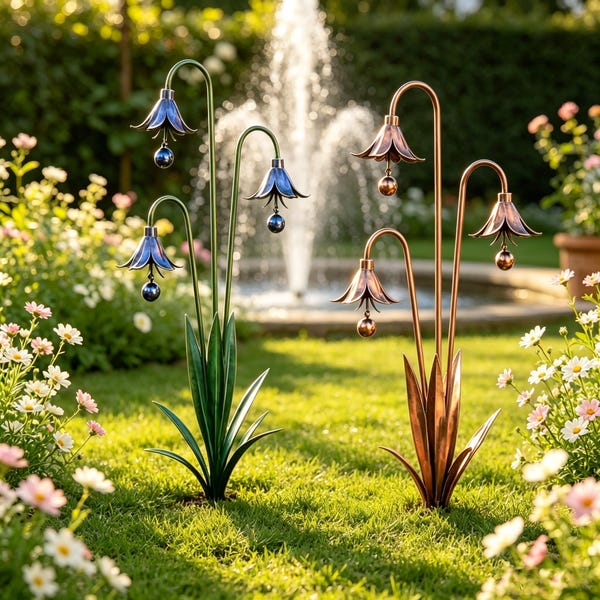 Campanilla de viento de metal con forma de flor de campanilla azul, estaca para jardín, arte rústico para patio, decoración de césped con campana para exteriores