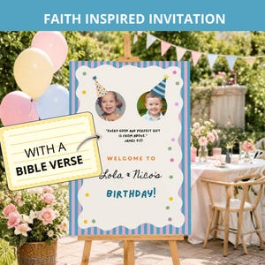 May include: A rectangular birthday sign on a wooden easel featuring two circular photos of children wearing party hats, colourful confetti dots, and the text: Every good and perfect gift is from above. James 1:17. Welcome to Lola & Nico's Birthday.