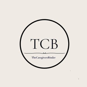 May include: A circular logo design on a light beige background featuring the black text TCB in a serif font. Below the letters is a thin horizontal line with a small curved accent, followed by the text TheCaregiversBinder in black.