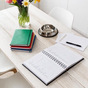 Puede incluir: Una pila de cuatro cuadernos en verde, rojo, amarillo y azul, una agenda abierta de espiral con p&aacute;ginas rayadas, un bol&iacute;grafo negro, un jarr&oacute;n de cristal transparente con tulipanes y narcisos coloridos, y un cuenco de metal plateado sobre una mesa de madera blanca.