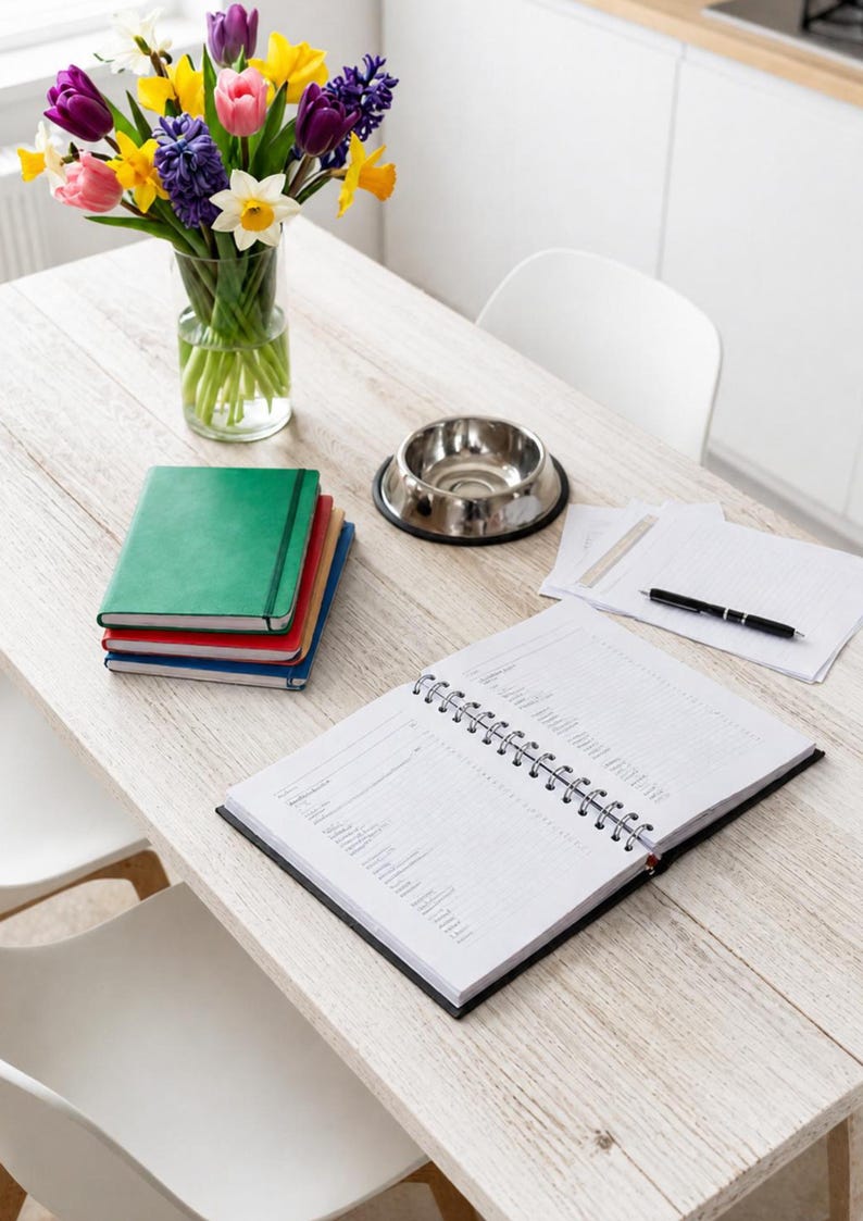 Puede incluir: Una pila de cuatro cuadernos en verde, rojo, amarillo y azul, una agenda abierta de espiral con p&aacute;ginas rayadas, un bol&iacute;grafo negro, un jarr&oacute;n de cristal transparente con tulipanes y narcisos coloridos, y un cuenco de metal plateado sobre una mesa de madera blanca.
