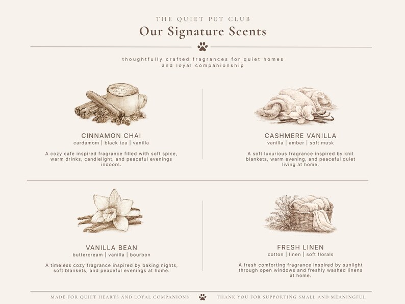K&ouml;nnte beinhalten: Eine beige Infografik mit dem Titel The Quiet Pet Club Our Signature Scents, die vier sepiafarbene Illustrationen von Cinnamon Chai, Cashmere Vanilla, Vanilla Bean und Fresh Linen sowie beschreibenden Text f&uuml;r jedes Duftprofil enth&auml;lt.