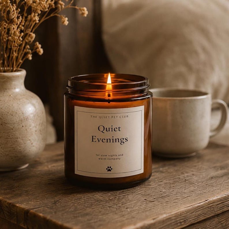 K&ouml;nnte beinhalten: Eine brennende Kerze in einem braunen Glasgef&auml;&szlig; mit einem wei&szlig;en Etikett, auf dem The Quiet Pet Club, Quiet Evenings, for slow nights and warm company steht, inklusive eines kleinen Pfotenabdruck-Symbols unter dem Text, auf einer Holzoberfl&auml;che.