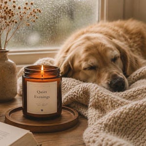 K&ouml;nnte beinhalten: Eine brennende Kerze im bernsteinfarbenen Glas mit einem wei&szlig;en Etikett, das Quiet Evenings und ein Pfotenabdruck-Symbol zeigt. Die Kerze steht auf einem runden Holzuntersetzer neben einer beigen Strickdecke und einer Vase mit Trockenblumen.