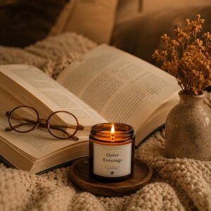 K&ouml;nnte beinhalten: Eine brennende Kerze in einem bernsteinfarbenen Glas mit einem wei&szlig;en Etikett mit der Aufschrift Quiet Evenings, platziert auf einem kleinen Holzuntersetzer. Daneben liegt ein offenes Buch mit cremefarbenen Seiten und eine runde Brille mit braunem Rand.