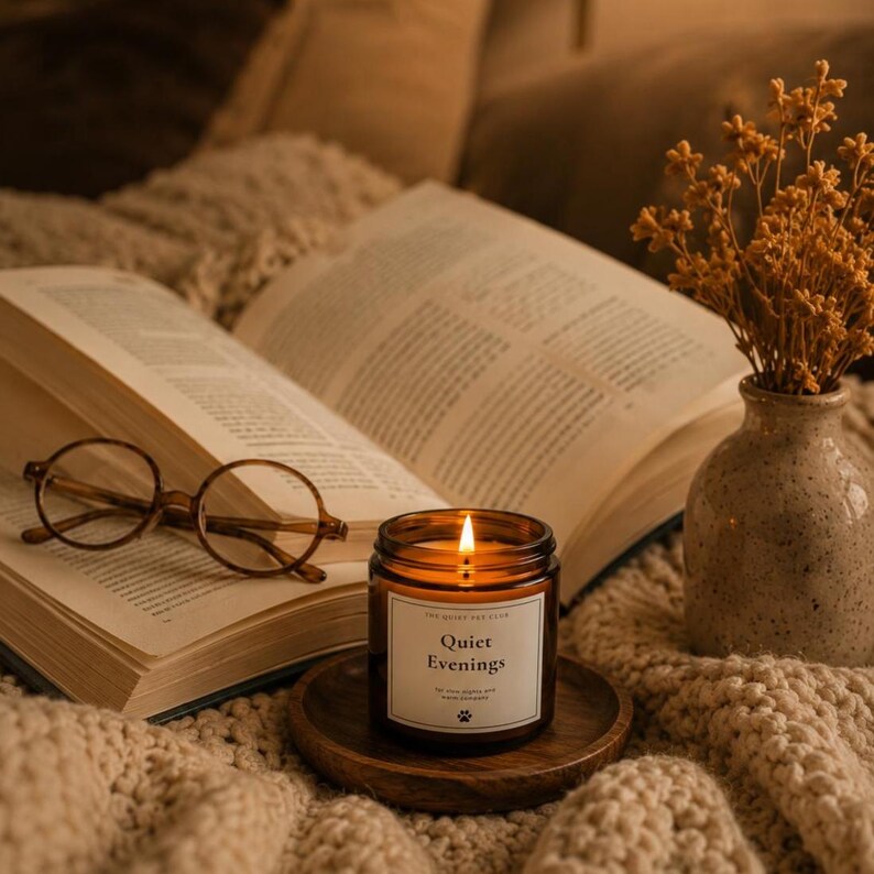 K&ouml;nnte beinhalten: Eine brennende Kerze in einem bernsteinfarbenen Glas mit einem wei&szlig;en Etikett mit der Aufschrift Quiet Evenings, platziert auf einem kleinen Holzuntersetzer. Daneben liegt ein offenes Buch mit cremefarbenen Seiten und eine runde Brille mit braunem Rand.