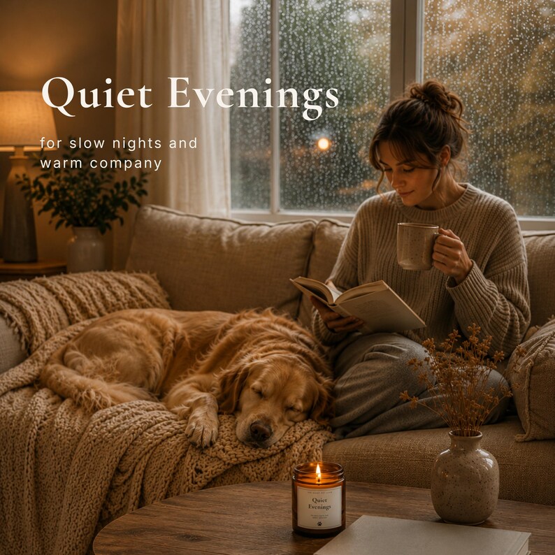 K&ouml;nnte beinhalten: Ein braunes Kerzenglas mit einem wei&szlig;en Etikett mit der Aufschrift Quiet Evenings for slow nights and warm company, platziert auf einem Holztisch neben einer Keramikvase, einem Sofa mit einem Golden Retriever und einer lesenden Person.