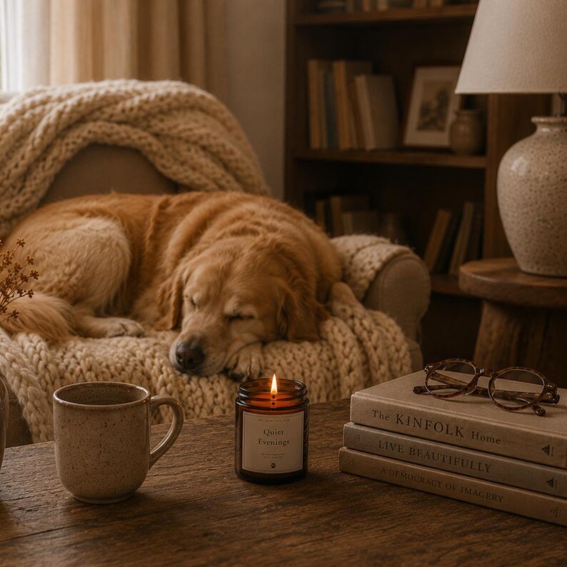 K&ouml;nnte beinhalten: Eine brennende Kerze im bernsteinfarbenen Glas mit wei&szlig;em Etikett mit der Aufschrift Quiet Evenings, eine gesprenkelte Keramiktasse und ein Stapel aus drei B&uuml;chern mit einer Schildpattbrille darauf. Ein Golden Retriever schl&auml;ft auf einer cremefarbenen Strickdecke.