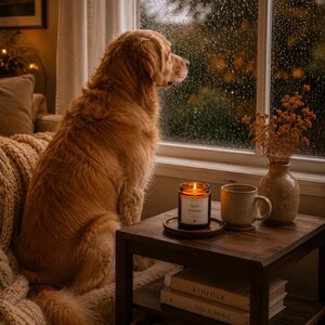 K&ouml;nnte beinhalten: Ein Golden Retriever sitzt auf einer strukturierten beigen Decke und schaut aus einem verregneten Fenster. Auf einem Holztisch steht eine brennende Kerze in einem Glas mit der Aufschrift Quiet Evening, eine Tasse und eine Vase.