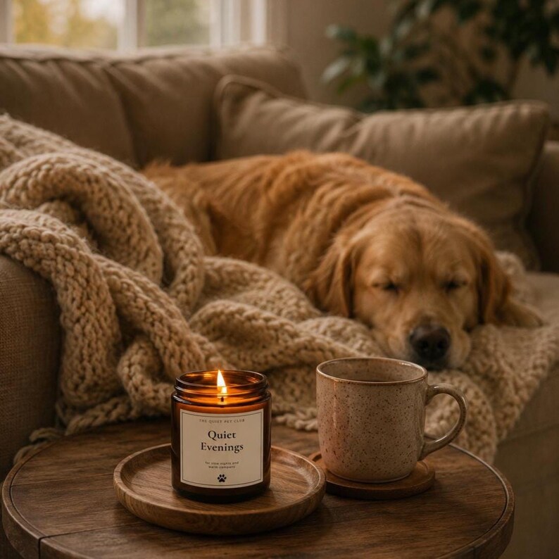 K&ouml;nnte beinhalten: Ein braunes Kerzenglas mit einem wei&szlig;en Etikett mit der Aufschrift Quiet Evenings und einem Pfotenabdruck, das auf einem runden Holztablett neben einer gesprenkelten beigen Keramiktasse steht. Die Kerze hat einen brennenden Docht mit einer Flamme.