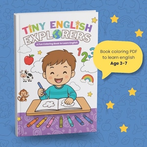 Puede incluir: Un libro para colorear titulado Tiny English Explorers con una ilustración de dibujos animados de un niño dibujando en un escritorio. La portada presenta una manzana roja, una vaca, un mono, un arcoíris y crayones. Un globo de texto amarillo muestra Book coloring PDF to learn english Age 3-7.