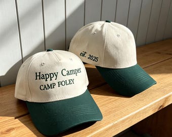 Custom Happy Camper Trucker Hat, Retro Two-Tone Embroidered Cap, Group Trip Hat
